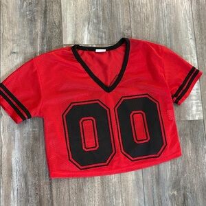 Red and Black 00 Mesh Football Crop Top